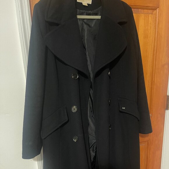 MICHAEL KORS BLACK DOUBLE BREASTED WOOL BLEND NOTCH COLLAR COAT - Picture 2 of 6